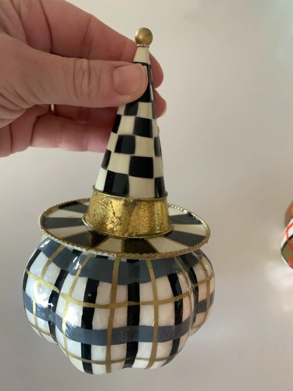 MacKenzie Childs mini pumpkin trio with witch hats